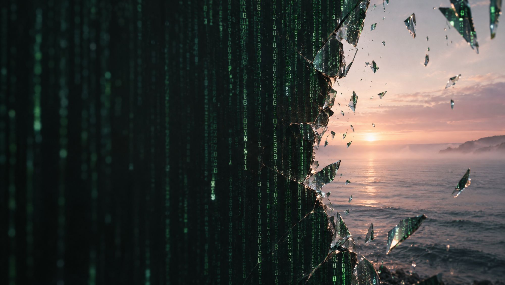 Glass and code breaking apart over the ocean at sunrise