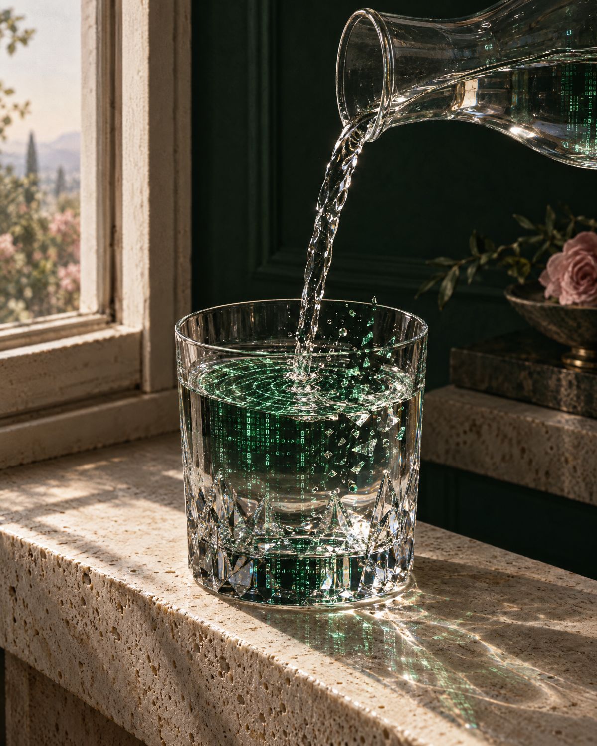 Water poured into a crystal glass by a window as a code grid breaks into ripples